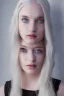 Placeholder: A beautiful young woman with long white hair and blue eyes, pale skin with opal freckles. Wearing a black dress