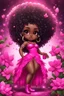 Placeholder: create a comic book art image of a chibi curvy size dark skinned Black female wearing a hot pink maxi dress with sparkle hot pink cowboy boots. Prominent make up with brown eyes, she is wearing hot pink feather tassel earrings and lush lashes. extremely detailed tight curly ombre afro. background of pink and silver magnolia flowers everywhere