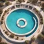 Placeholder: a surreal aerial perspective of a suburban pool shaped as a long cylinder with two circular sections jutting out at one end, photograph, beautiful composition, humorous, whimsical