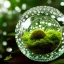 Placeholder: cinematic shot of flowers and ferns inside a crystal mesh ball, waterdrops, dewdrops, moss, crystal, luxurious, bell jar