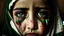 Placeholder: A girl wearing a Palestinian dress with tears in her eyes Her eye color is green Its color is brown Carrying the Palestinian flag