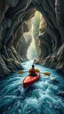 Placeholder: Bosch painting style, 3D multi layers caves where the a river stream, a man in kayak boat in a fast water