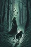 Placeholder: in the style of a Henry Justice Ford drawing, a beautiful witch walks through a dark forest, ahead of her is a dog