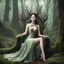 Placeholder: A beautiful as a model asian woodland elf princess who looks like Lucy Liu seated on a throne in a mystical forest