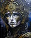 Placeholder: Aquarelle art Acrylic pouring liquid art Beautiful vantablack voudore biomechanical watercolour art young faced woman portrait adorned wirh biomechanical bioluminescense vantablack and dark violet and white glitter cover rose headdress and metallic golden filigree floral. Embossed costume armour organic bio spinal ribbed detail. Of rainy gothica background extremely detailed hyperrealistic aquarelle art maximálist concept art