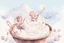 Placeholder: whipped cream peaks in a copper whisk (60% of the picture), cute chibi kids sledding down the peaks, a wire whisk next to the cauldron, raspberry seeds in sunshine, watercolor and black ink outlines, sparkling golden glitter, ethereal, cinematic postprocessing, bokeh, dof