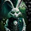 Placeholder: portrait of strange, creepy alien looking white rabbit with evil frown on face from Alice in Wonderland wearing a waistcoat, in garden, Tim Burton, Dr Suess, Terry Gilliam, Salvador Dali, dark moody,dystopia, sinister, evil, bizarre, nightmare