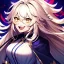 Placeholder: Clear focus, 8k, beautiful lighting, vibrant colors, girl, white long hair, vibrant golden eyes, messy hair, hair in between the eyes, laughing, angry,