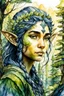 Placeholder: create in ink wash and watercolor portrait of a young, nomadic forest elf female fantasy art character, with highly detailed, sharply lined and deeply weathered facial features, in a primeval forest landscape , finely inked, 4k in the style of Maxfield Parrish