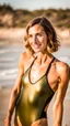 Placeholder: beautiful anorexic woman, standing frontal, short shiny olive triathlon swimsuit, wavy bob haircut, photographed in front of beach, raw