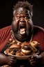 Placeholder: a black fat guy with full of food in his mouth