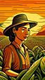 Placeholder: farmer, young woman, happy, sunset, planting corn, ground, dirt, woodcut, Woodblock printing, xilogravura, Livio Abramo, Sérvulo Esmeraldo, Tarsila do Amaral, ultra sharp 8k uhd smooth sharp focus highly detailed hd trending on artforum illustration digital, head and shoulders