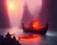 Placeholder: sango fantasy, fantasy magic, intricate, sharp focus, illustration, highly detailed, digital painting, concept art, matte, Greek mythology Charon ferryman in boat on river styx, sharp jagged rocks, red purple blue colours, red hot lava river