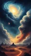Placeholder: A journey Back in stone age through a digital light in the parallel universe among the galaxies and the stars a big clouds of gas covering the sky from a distance Busch painting style nightmare