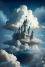 Placeholder: Enormous castle completely made up of clouds in the sky, ominously looming directly above. In the art style of surrealism