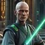 Placeholder: star wars bald male corellian jedi pilot wearing black and gunmetal grey old republic armored robes with gold trim inside the jedi temple holding a lightsaber with viridian green blade in left hand, centered head and shoulders portrait, hyperdetailed, dynamic lighting, hyperdetailed background, 8k resolution, volumetric lighting, light skin, fully symmetric details