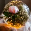 Placeholder: Cinematic shot of peonies inside a crystal lace globe, glass, crystal, linen, dewdrops, warm lighting, luxurious