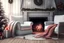 Placeholder: big white chair with a blanket beside the table with a mug in living room with Christmas wooden interior and fireplace , 8k , cinematic