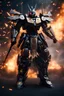 Placeholder: Samurai X in a robot transformer, super suit with spikes on his arms and shoulders, explode, hdr, (intricate details, hyperdetailed:1.16), piercing look, cinematic, intense, cinematic composition, cinematic lighting, color grading, focused, (dark background:1.1) by. Addie digi