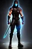 Placeholder: muscular ninja assassin, athletic build, wearing black and gray baggy pants with pockets, black hood and black balaclava mask, buckles, straps, pockets, daggers around arms, tan skin, big boots, dark hazel eyes, eyes are both in proportion, 3/4 look, standing, dark cobblestone alley, one halo candle light behind head, intense, non photorealistic rendering in the art style of j.scott campbell