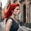 Placeholder: a girl with bright red hair, looking over her shoulder, scared, walking along a bust street