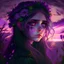 Placeholder: magical, purple pastel, dark sunset, female woman, light green eyes, flowers, portrait, princess, gothic, frowning