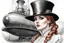 Placeholder: detailed pencil sketch of a athletic petite pale russian redhead woman 30yo, long eye lashes, eye shadow, eye liner, Wearing A victorian Dress and top hat with goggles on the hat by an air ship