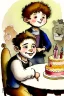 Placeholder: A cute smiling jewish boy wearing a kippah. Boy and lion are sitting at a table with a birthday cake. Watercolour