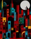 Placeholder: A dark brownish scarlet urban city with warped moons painted by Stuart Davis