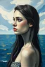 Placeholder: A textured oil painting rough, impressionistic portrait of a young woman tatto with long flowing hair, gazing thoughtfully towards a serene ocean horizon. Her face is sculpted in muted tones of gray and white, conveying a sense of introspection. The background features a dramatic sky with swirling shades of blue and white, and a soft golden light reflecting on the water's surface, enhancing the contemplative mood of the scene. Little teks shining gold Ferra Art in the corner