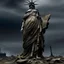 Placeholder: the statue of liberty, dress dirty and torn, her face solemn and terse, trash littered at her feet, she holds a crumpled american flag, she walks away with back turned under a dark and dreary sky
