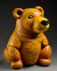 Placeholder: A yellowish orange colored earth elemental bear designed in African pottery painted by Grant Wood