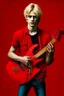 Placeholder: A young man with blonde hair, red shirt, red trousers and holding a black guitar