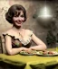 Placeholder: Ultra realistic photographic portrait, happy young Gina Lollobrigida woman sitting with arms resting on Italian kitchen table, pretty ravioli dish with olive oil and albahaca, renaissance style decoration, soft color, highly detailed, unreal engine 5, ray tracing, RTX, lumen lighting, ultra detail, volumetric lighting, high definition.