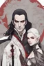 Placeholder: Vampire count Strahd Von Zarovich has long black hair and red eyes, with a woman with white hair