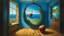 Placeholder: A surreal painting depicts a giant apple riddled with worms that occupies almost an entire room. The room has a window overlooking a calm blue sea.