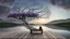 Placeholder: back to the camera a figure sittings on amorph bench in a beautiful landscape and overlooking the water of the nearby lake, calm, harmonious atmosphere, muted dark colors, purple, white, gray, green, blue, brown, silver, black , ,not too colorful colors, Whimsical style and giant stunning neuron network all over the sky, half shadow and half light abyss, surreal stunning vibe