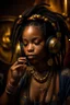 Placeholder: earthy black young woman listening to music with small old school headphones, soul, peace, majestic, earthy colours, at peace, happy, incense, jewels, bands, natural, old school headphones, blasian eyes, incense, very dark skin, crystals, gold arm bands, locs with beads