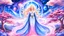 Placeholder: Create an image of a full body cosmic goddess. the goddess should be depicted as a beautiful and powerful figure, surrounded by cosmic stars. her hair should be long, blond and flowing, and she should be dressed in a flowing gown blue celestial robe. in the background, include imagery of pink flowers, blue sky, trees. the image should evoke a sense of joy, celebration, and spiritual connection to nature.