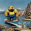 Placeholder: [Jason and the Argonauts (1963)] super bear in the jun with a blue costume and a companion giant bee, in a boat