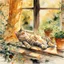 Placeholder: photorealistic, high-resolution image of a grey tabby cat sleeping on a sunny wooden windowsill next to various potted plants. The cat, with light brown and black stripes, lies on its back, paws up, basking in a ray of golden sunlight that illuminates its fur. The window in the background features an amber curtain on the left, and a wooden frame separates the panes. Outside the window, soft golden light suggests either sunrise or sunset, with blurred foliage visible. On the windowsill, several t