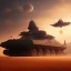 Placeholder: volumetric desert environment, Ralph McQuarrie style painting of an armored hovercraft with gun and black glass cockpit, floating in the air, highly detailed, renderman, duststorm at sunrise