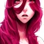 Placeholder: crystal clear blue eyes, and dark pink hair, dot eyebrows, woman, angry expression, pointy ears, long hair, sexy, young, beautiful