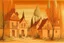 Placeholder: A light brown and light rosy orange village with banana trees designed in Bayeux tapestry painted by Caspar David Friedrich