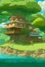 Placeholder: a house, a tree, a river, ghibli style