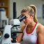 Placeholder: Female athlete using a microscope.