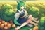 Placeholder: Girl, green hair, wolf paws in hand, farm, sit, wolf paws in feet, blushed, potato, wolf hand