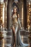 Placeholder: Fullbody excellent pose gorgeous photography art,cinematic realistic colors,soft blur ,natural beauty, of young woman, smiling, beautiful, shiny grey eyes, make up,Queen Persian style, shiny baubles, ornate, large gemstones, shiny molten metalics, shiny wire filigree, brown hair, high definition, walk in luxury castle