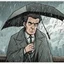 Placeholder: a closeup of a bored psychopath in a heavy coat during a rainstorm cartoon