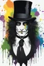 Placeholder: full color, A scary man with long curly black hair, wearing a top hat, black tuxedo and tie, against a black wall with multicolored paint splatter